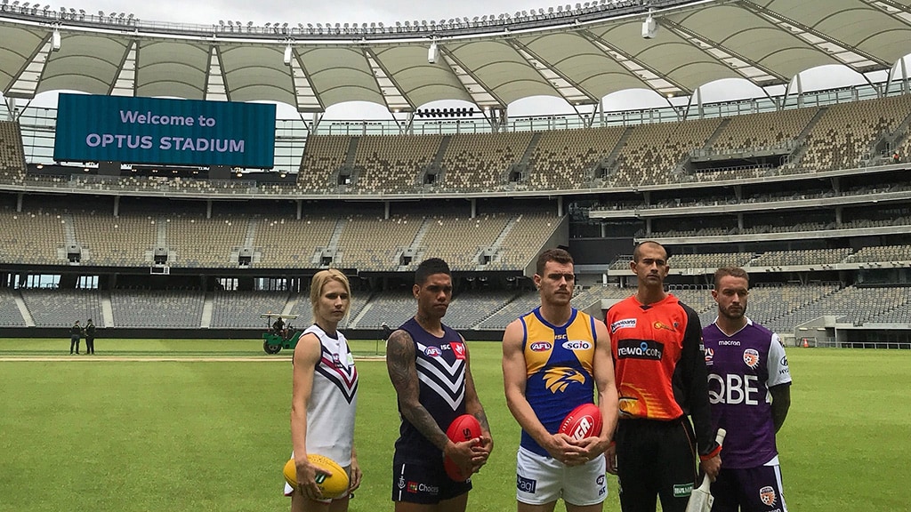 optus-stadium-350-wce.jpg Representatives from Optus Stadium's tenant clubs pose at the venue. Picture: Twitter / @westcoasteagles - AFL,Optus Stadium